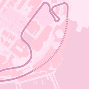 May include: A pink map with a pink line tracing a race track through a city. The track is a loop that goes through a park and around a harbor.