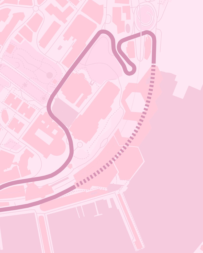 May include: A pink map with a pink line tracing a race track through a city. The track is a loop that goes through a park and around a harbor.