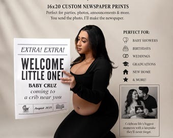 Anuncio de embarazo personalizado en periódico / Impresión de 16x20 pulgadas, ¡Noticias de próxima llegada del bebé!