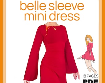 Belle Sleeve Mini Dress with Lace-up Back - Sewing Pattern PDF Download
