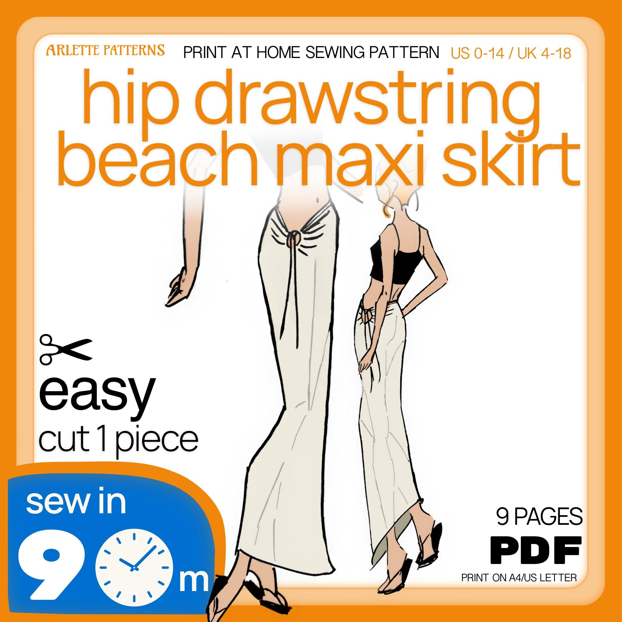 Hip Drawstring Beach Maxi Skirt - Sewing Pattern PDF Download