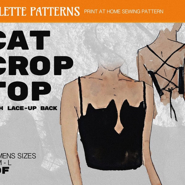 Cat Crop Top with Lace Up Back - Sewing Pattern PDF Download
