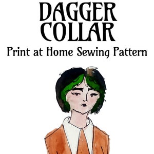 Peut inclure: Illustration &agrave; l'aquarelle d'une personne aux cheveux noirs et verts, portant une veste marron avec un col blanc. Le texte indique "ARLETTE PATTERNS DAGGER COLLAR" et "Print at Home Sewing Pattern".
