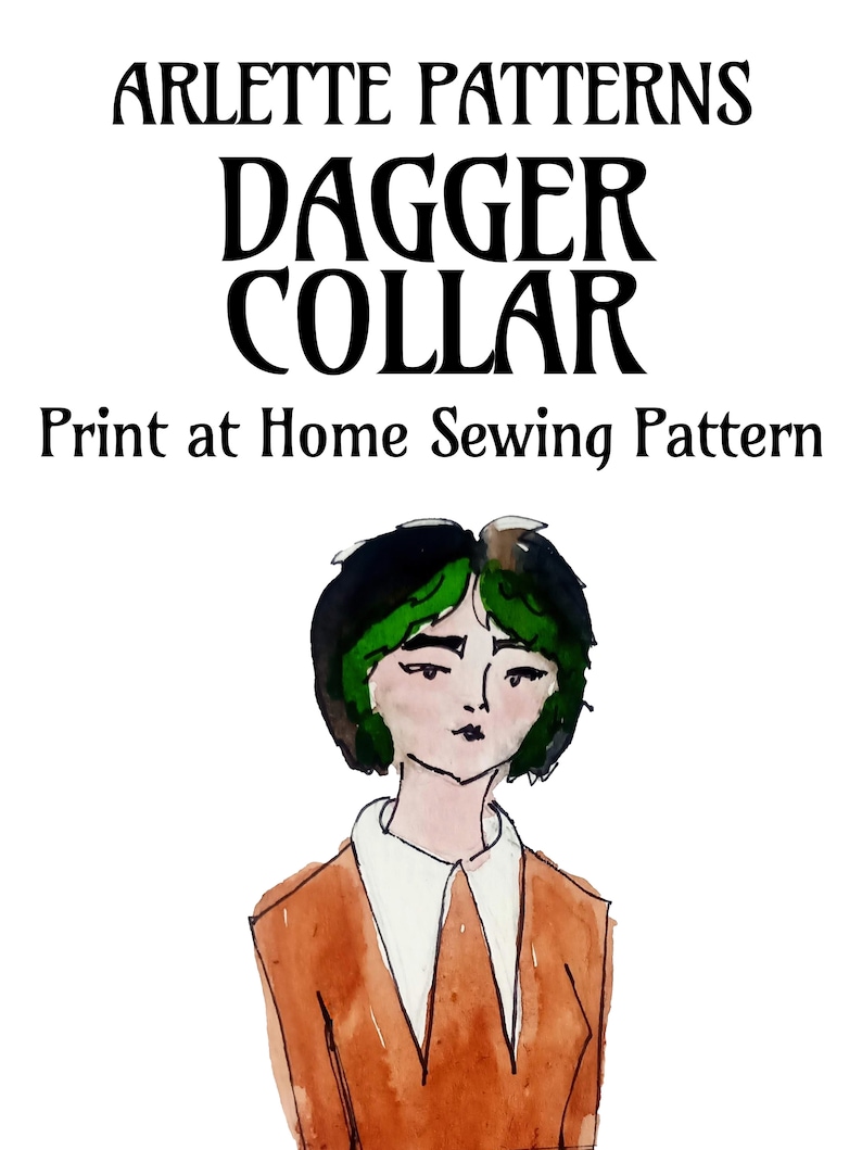 Peut inclure: Illustration &agrave; l'aquarelle d'une personne aux cheveux noirs et verts, portant une veste marron avec un col blanc. Le texte indique "ARLETTE PATTERNS DAGGER COLLAR" et "Print at Home Sewing Pattern".