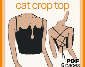 Cat Crop Top with Lace Up Back - Sewing Pattern PDF Download