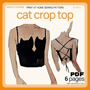 Cat Crop Top with Lace Up Back - Sewing Pattern PDF Download