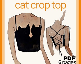 Cat Crop Top with Lace Up Back - Sewing Pattern PDF Download