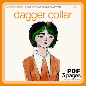 Może przedstawiać: Akwarelowa ilustracja osoby w brązowej kurtce z białym kołnierzem w szpic. Tekst "dagger collar" jest pomarańczowy. Obraz jest wykrojem do szycia do druku w domu, PDF, 3 strony, rozmiar S/M/L.