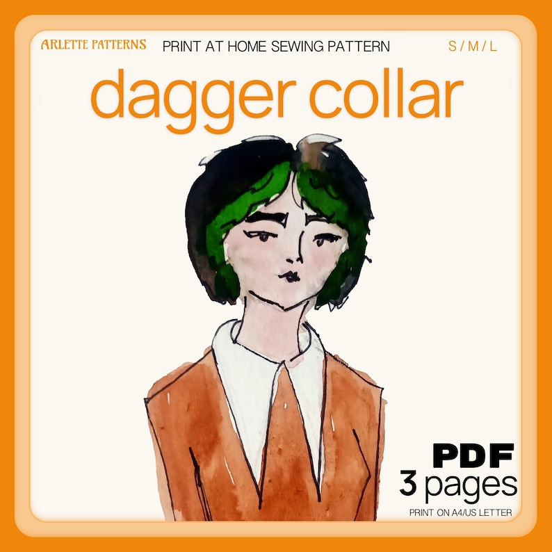 Peut inclure: Illustration &agrave; l'aquarelle d'une personne portant une veste marron avec un col en pointe blanc. Le texte "dagger collar" est en orange. Le motif de couture &agrave; imprimer &agrave; la maison est en PDF, 3 pages, tailles S/M/L.