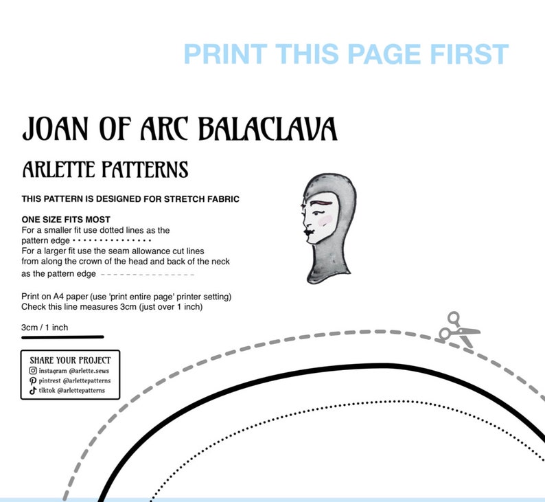 Joan of Arc Medieval inspired Balaclava. Print at home PDF sewing pattern download for stretch fabric. Includes instructions for small, medium and large sizes.