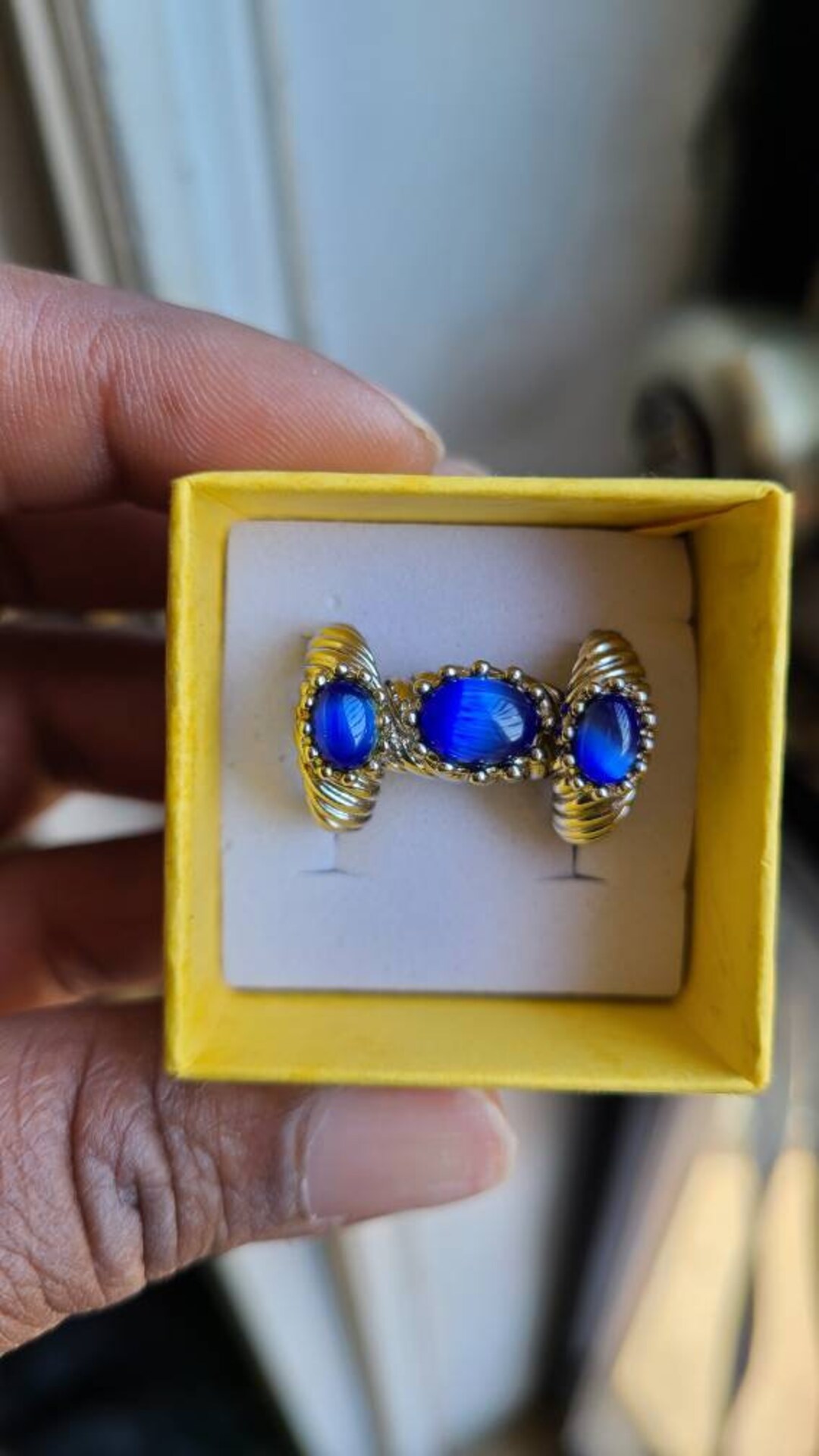 Technibond Rings Vintage Blue Cats Eye Platinum Technibond Ring and Earring Set With ...