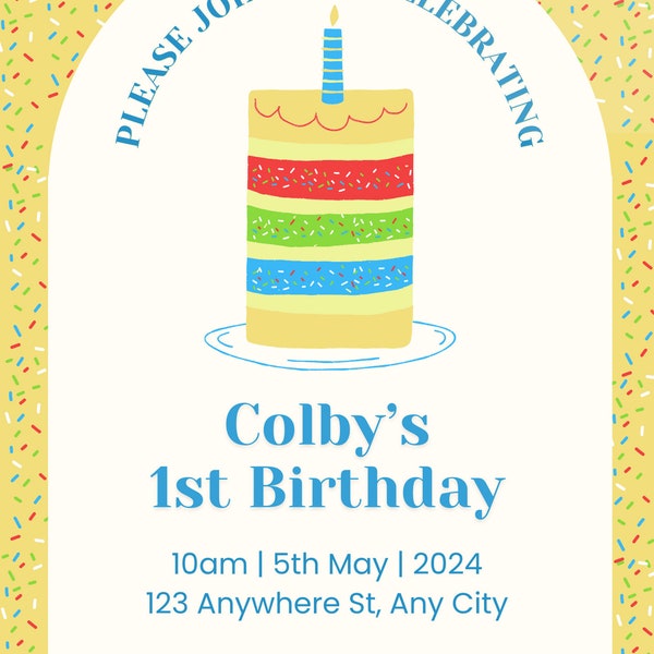 Kids Birthday Invitation Template - Gender neutral yellow, blue red, & white. Also comes with a twin template and bonus thank you card.
