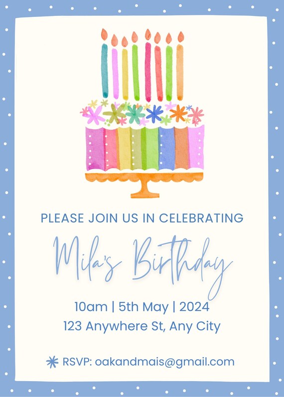Colorful Cake Birthday Template Invite, Sweet & fun girls birthday Invite Template, Editable Printable Download. 2 bonus Thank you images.