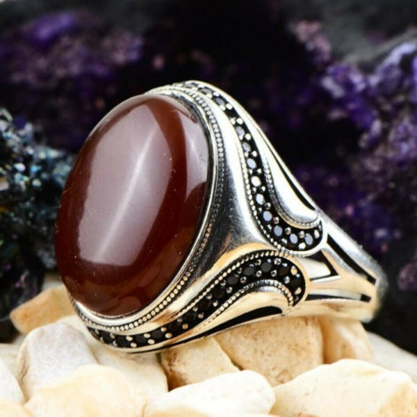 Red Agate Stone, Handmade Ring, Turkish Handmade Silver Men Ring, Ottoman Mens Ring, Gift for Him, Solid 925 Sterling Silver Ring,  SK405