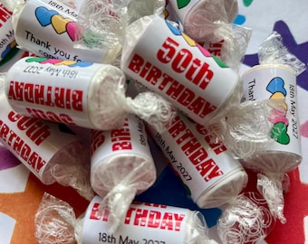 Mini Personalised Love Heart Sweets Birthday, valentine, Favours Gift any message - 13th 18th 21st 30th 50th 60th 80th stickers - labels