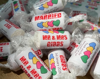 Wedding Mini Love Heart Sweets Rolls Personalised wrappers Just Married - Sweet cart Table ideas -  Favours - Gift- Wedding table