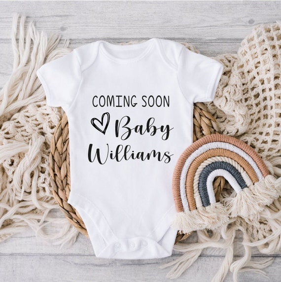 Personalised Baby Vest Grow Suit Announcement Coming Soon Surname Due Date Pregnancy gift reveal