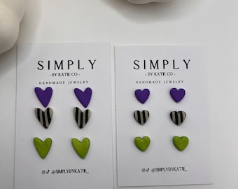 Heart trios- Beetlejuice | Polymer Clay Earrings | Lightweight | Hypoallergenic | Trendy Earrings | Halloween | Fall Earrings