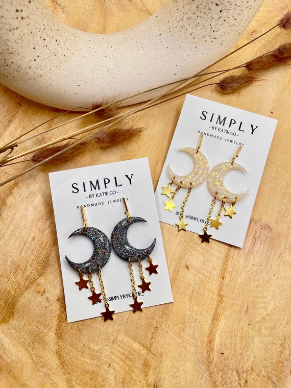 Celestial Dangles | Polymer Clay | Lightweight | Moon and Stars | Hypoallergenic | Glitter Earrings | Trendy Earrings | Clay Earrings