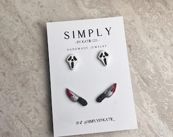 Pendientes de arcilla polimérica con forma de grito / Pendientes de arcilla / Pendientes de Halloween / Ligeros / Hipoalergénicos / Pendientes de cuchillo / Cara de fantasma