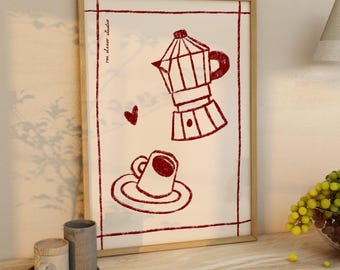 Burgundy Moka Pot Print, Retro Italian Espresso Kitchen Art, Vintage Coffee Poster