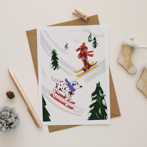 Kartka świąteczna Skiing Dogs, sztuka odcisków dłoni, ręcznie robiona kartka świąteczna, kartka Wesołych Świąt, minimalistyczna kartka świąteczna z kopertą