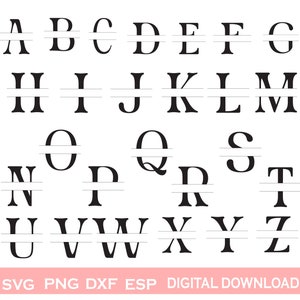 Puede incluir: Una fuente de alfabeto en blanco y negro con una línea horizontal a través del medio de cada letra. Las letras están en mayúsculas y están dispuestas en orden alfabético. El texto "SVG PNG DXF ESP DIGITAL DOWNLOAD" está en la parte inferior de la imagen.
