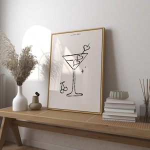 Póster con impresión artística de cóctel de corazones, impresión de comida vintage, impresión retro de moda, ilustración de bebida, impresión de mediados de siglo, arte de pared de cocina moderno