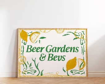 Beer Gardens & Bevs Art Print, Retro Kitchen Wall Decor