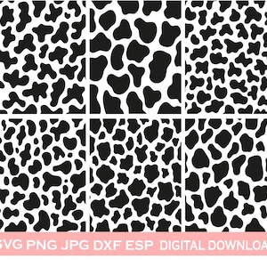 May include: A seamless pattern featuring a black and white cow print design. The pattern is made up of irregular, organic shapes that resemble cow spots.