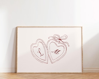 Poster con stampa artistica personalizzata di un medaglione con le iniziali della coppia, regalo per la coppia, stampa retrò di tendenza, stampe artistiche da parete per la camera da letto, nomi della coppia sopra il letto, ORIZZONTALE