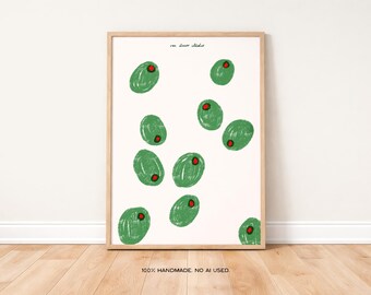 Olijvenkunstposter, vintage barwagenkunst, trendy retroprint, drankkunstillustratie, moderne keukenmuurkunst, cocktailposter