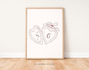 Custom Couples Initial Locket Art Print Poster, Couple Gift, Trendy Retro Print, Bedroom Wall Art,Bedroom Prints, Couple Names Above Bed