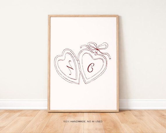 Custom Couples Initial Locket Art Print Poster, Couple Gift, Trendy Retro Print, Bedroom Wall Art,Bedroom Prints, Couple Names Above Bed