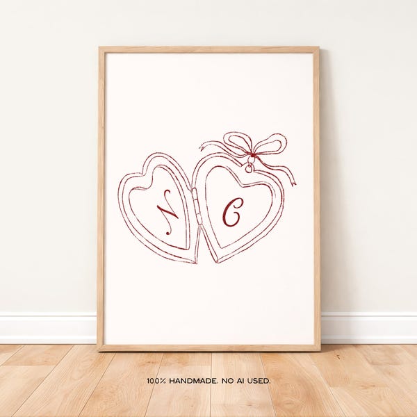 Custom Couples Initial Locket Art Print Poster, Couple Gift, Trendy Retro Print, Bedroom Wall Art,Bedroom Prints, Couple Names Above Bed