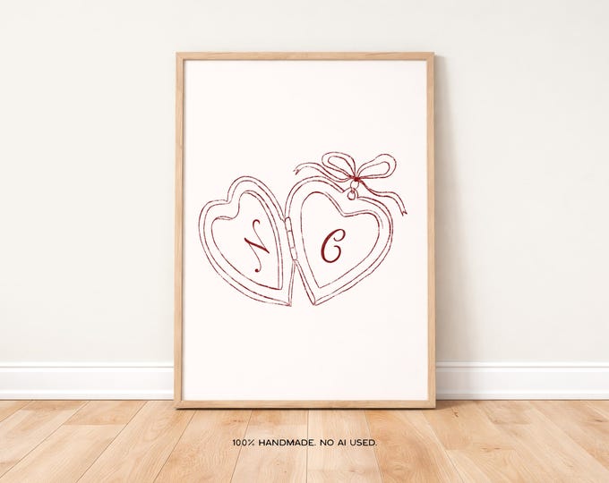 Custom Couples Initial Locket Art Print Poster, Couple Gift, Trendy Retro Print, Bedroom Wall Art,Bedroom Prints, Couple Names Above Bed