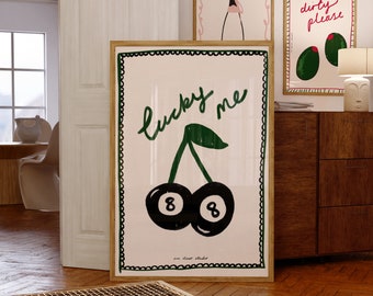 Lucky Me 8 Ball Art Print Poster, Vintage Food Print, Trendy Retro Print, Cherry Illustration, Mid Century Print, Modern Kitchen Wall Art
