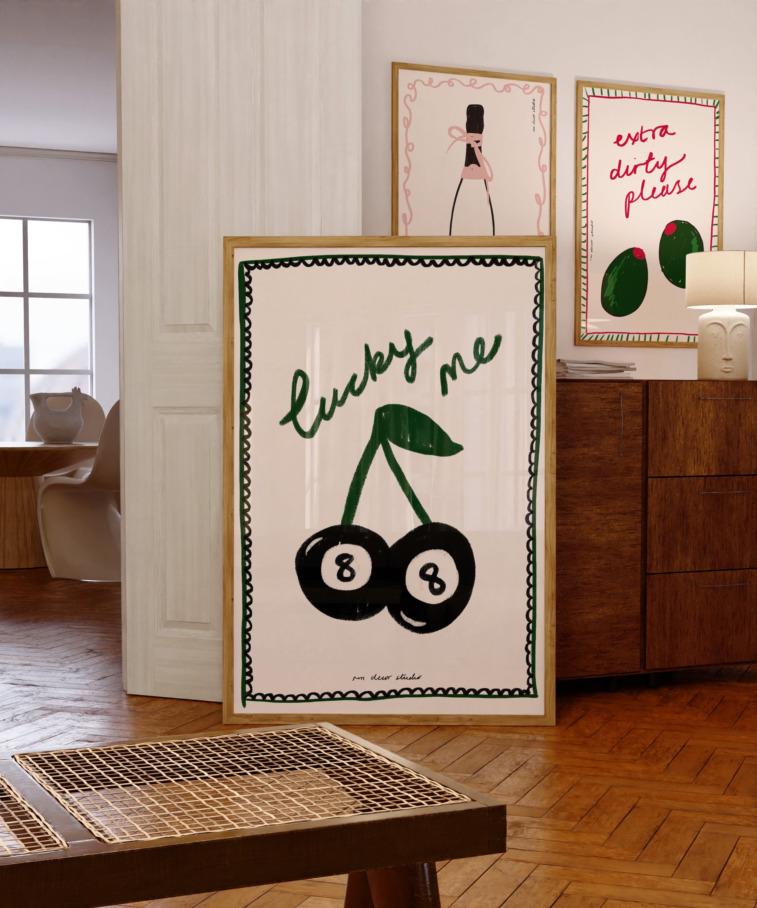 Lucky Me 8 Ball Art Print Poster, Vintage Food Print, Trendy Retro Print, Cherry Illustration, Mid Century Print, Modern Kitchen Wall Art