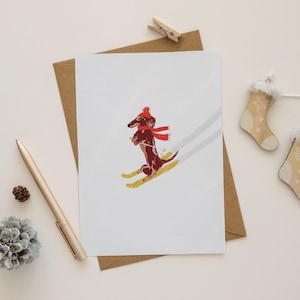 Ski fahrender Dackel Weihnachtskarte, Handprint Art, Handgemachte Weihnachtskarte, Frohe Weihnachten, Minimalistische Weihnachtskarte mit Umschlag