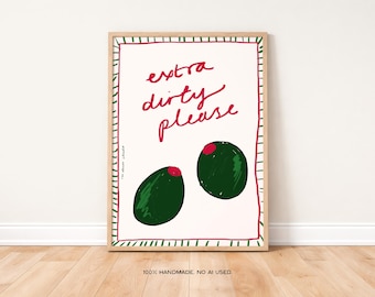 Extra Dirty Please Martini Art Print Poster, Vintage Food Print, Trendy Retro Print, Drink Art Illustration, Modern Kitchen Wall Art