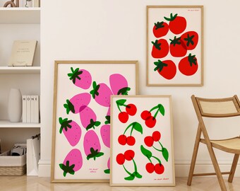 Retro Fruit Print Set, Whimsical Kitchen Wall Art