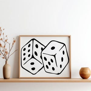 Zwart-wit prints dobbelstenen art print poster, vintage dobbelstenen print, trendy retro funky illustratie, moderne keuken muurkunst halverwege de eeuw