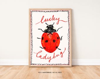 Lucky Ladybug Art Print Poster, Vintage Food Print, Trendy Retro Print, Ladybug Illustration, Mid Century Print, Modern Kitchen Wall Art