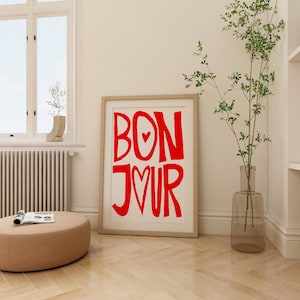 Cartel impreso tipo Bonjour, impresión vintage, impresión retro de moda, buenos días, ilustración de bebidas, impresión de mediados de siglo, arte moderno de la pared de la cocina