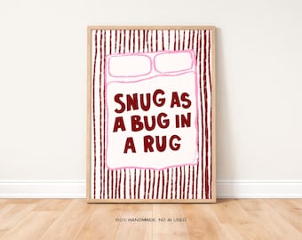 Snug As A Bug Art Print Poster, Burgundy and Pink Trendy Bedroom Print, Nursery Poster Modern Bedroom Sleep Wall Print, Digital Download