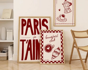 Burgundy Kitchen Set of 3 Prints Posters, Vintage  Print, Trendy Retro Print, Paris Mid Century Print, Modern Kitchen Wall Art, Bar Cart Art