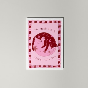 Je passerais toutes les 9 vies avec vous carte rose salutations, carte d'anniversaire drôle d'anniversaire d'amour, carte de Saint-Valentin, carte de jeu de mots romantique avec enveloppe