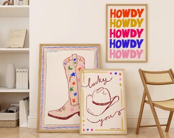Retro Cowboy Print Set, Modern Western Art