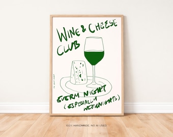Wine and Cheese Club Print, Retro Kitchen Wall Art (Digital Download)