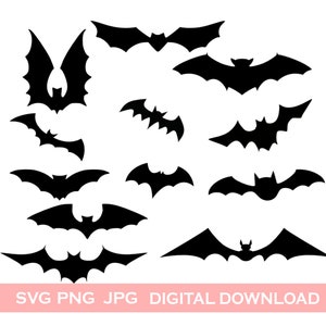 12 Bats SVG, PNG, JPG Bundle, Svg Files for Cricut, Silhouette, Halloween Bats, Flying Bats, Bat Silhouette, Spooky Bats, Instant Download